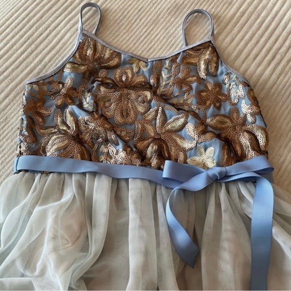 Girls Ballerina Dress in Baby Blue with Gold Sequins, double tulle skirt - Picture 7 of 15